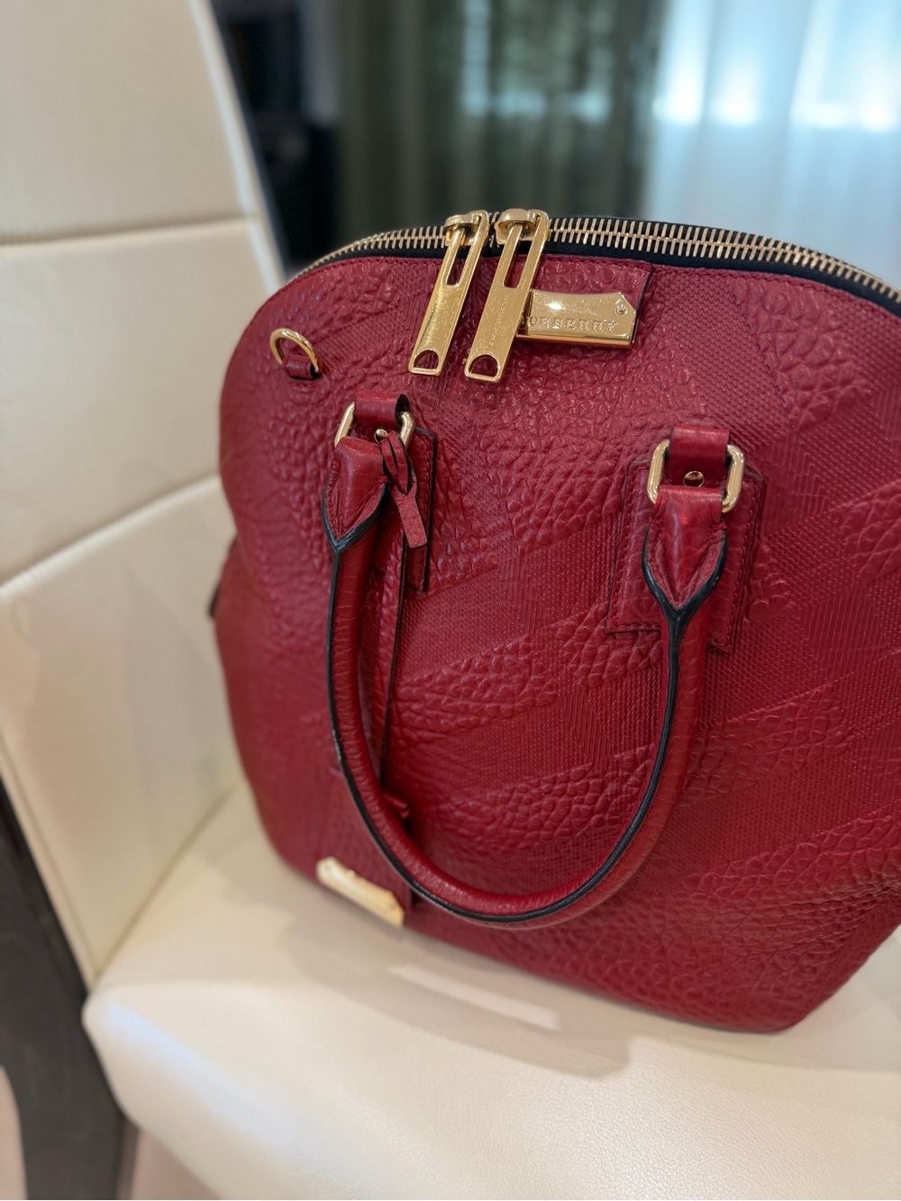 Burberry Textured Burgundy Top-Handle Tote with Gold Hardware